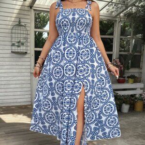 Women's Boho Floral Printed Thigh Slit and Tie Strap Dress Size 12 (0XL)